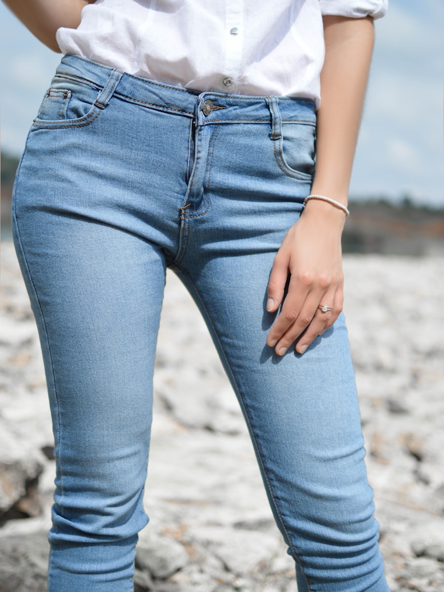 Person wearing premium Japanese denim jeans outdoors